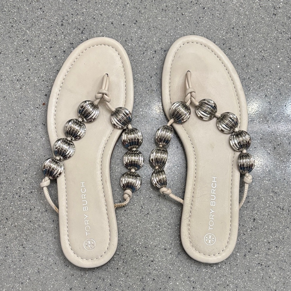 Tory Burch Cream and Silver Leather Beaded Sandals